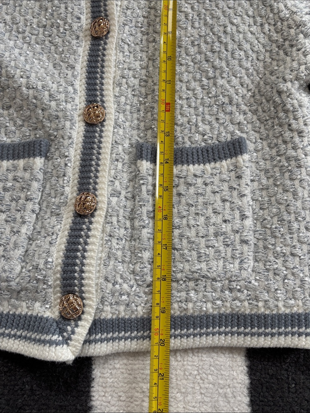 Chunky Cropped Blazer Cardigan Metal Buttons in Light Blue and White Like New - Picture 10 of 15